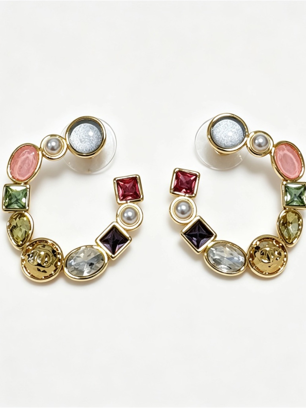 Elegant Gold-Tone Multicolor Crystal Hoop Earrings with Pearls - Picture 2 of 6